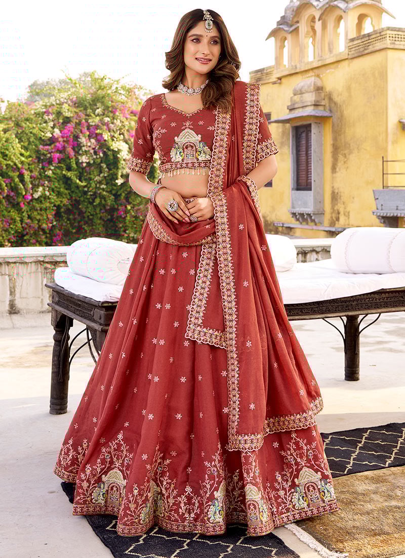 Rusty Red Crush Silk Embroidered Sequins Lehenga Wedding Wear