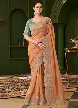 Saffron Peach Viscose Georgette Silk Zari Embroidered Sequins Saree