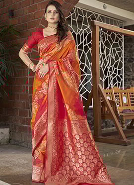 Saffron Splendor Orange Silk Benarasi Saree Embodying Traditional