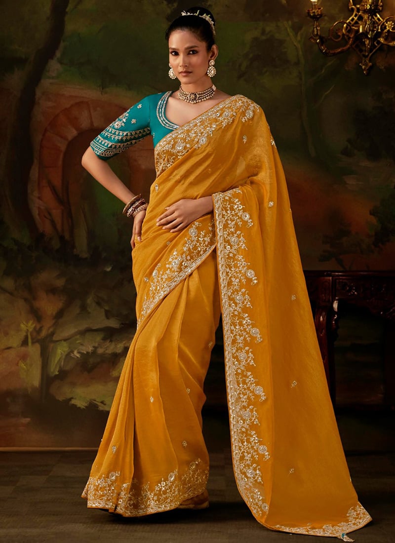 Saffron Viscose Zari Tissue Heavy Embroidered Sequins Stone Saree Wedding Wear
