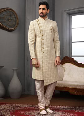 Saga Green Art Silk Lucknowi Embroidered Angrakha Sherwani
