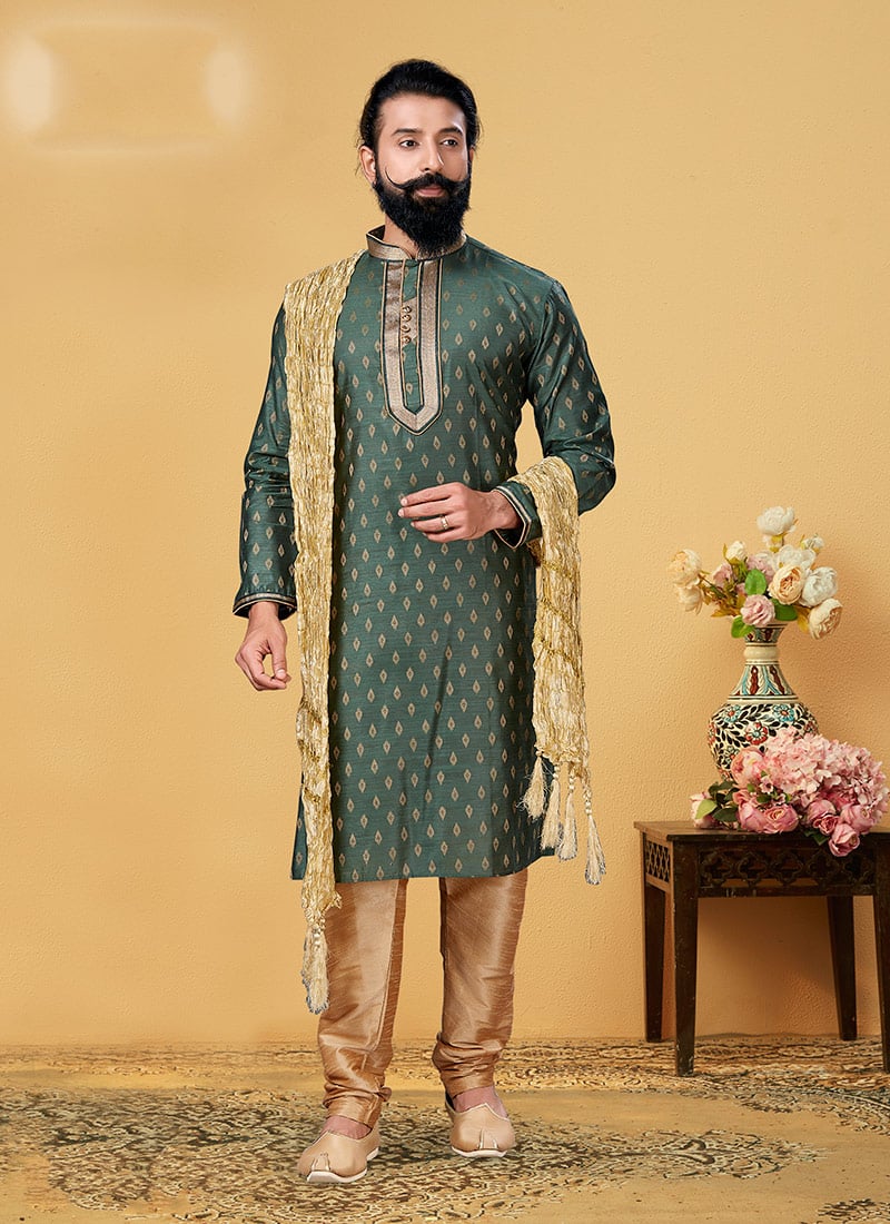 Saga Green Jacquard Silk Kurta Pyjama