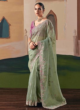 Saga Green Tissue Silk Zari Embroidered Sequins Saree