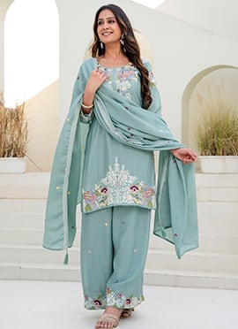 Sage Blue Chinon Zardosi Hand Embroidered Palazzo Suit