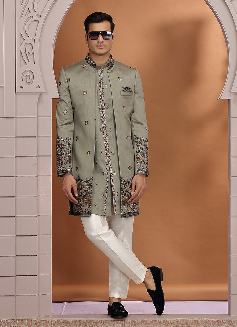 Sage Green Art Silk Embroidered Sequins Zari Stones Indowestern Sherwani Wedding Wear