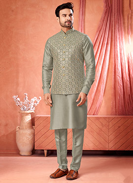 Sage Green Banarasi Silk Embroidered Sequins Thread Bandi Set