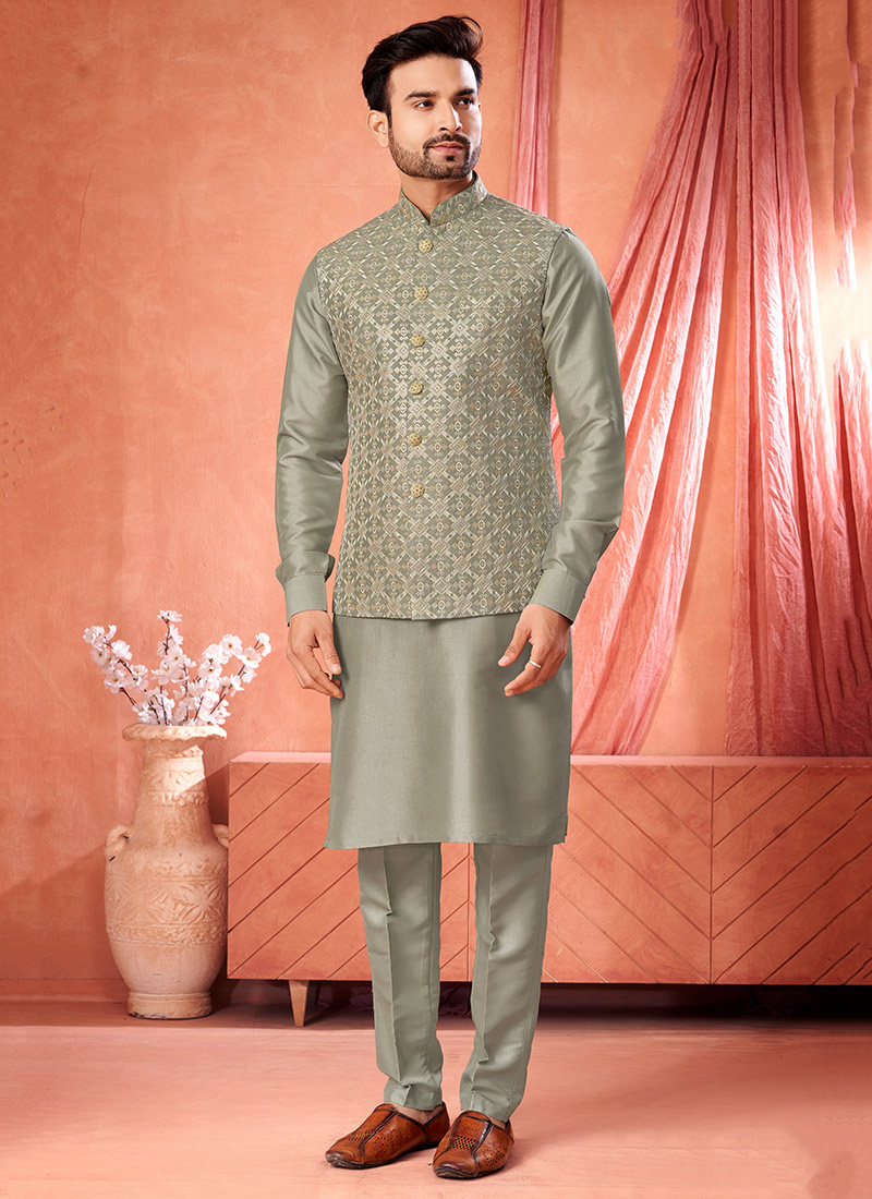 Sage Green Banarasi Silk Embroidered Sequins Thread Bandi Set Festive Wear