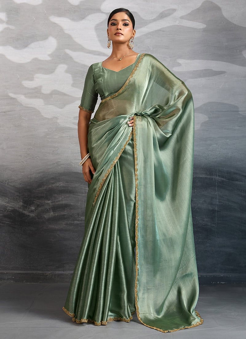 Sage Green Burberry Chiffon Plain Saree With Beads Cutdana Applique Lace Work After Six Wear