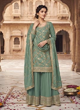 Sage Green Chinon Jacquard Embroidered Palazzo Suit