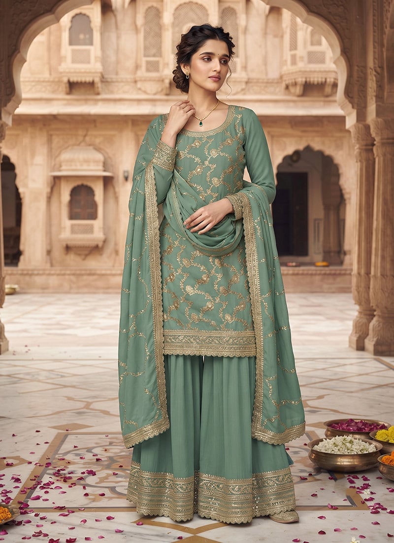 Sage Green Chinon Jacquard Embroidered Palazzo Suit Festive Wear