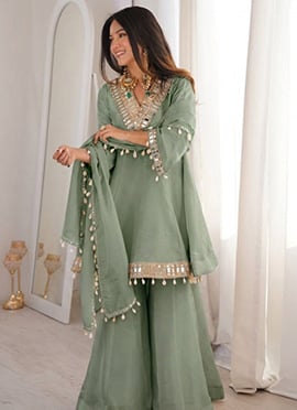 Sage Green Chinon Mirror Work Palazzo Suit