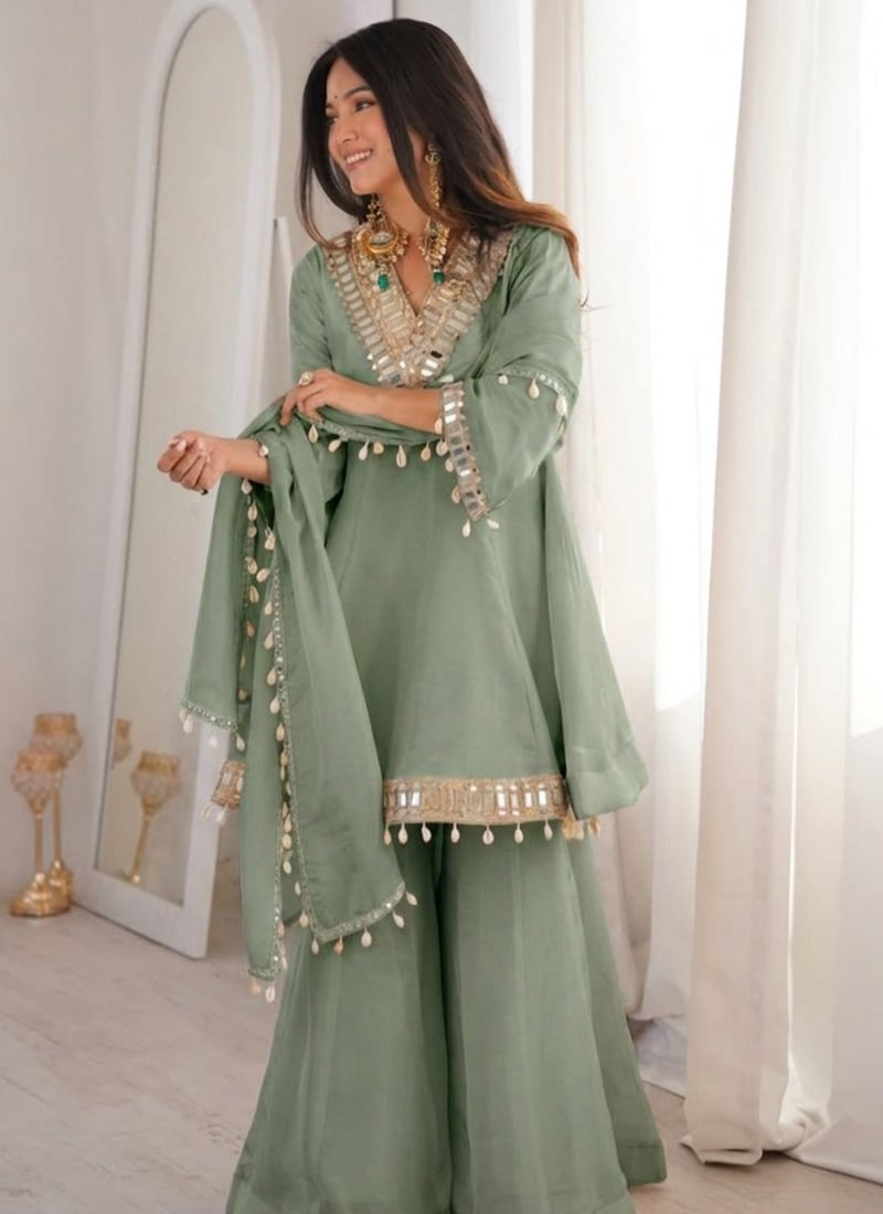 Sage Green Chinon Mirror Work Palazzo Suit Festive Wear