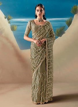 Sage Green Fancy Silk Zari Embroidered Sequins With Beads Work Saree