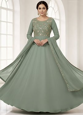 Sage Green Faux Georgette Resham Sequins Anarkali Suit