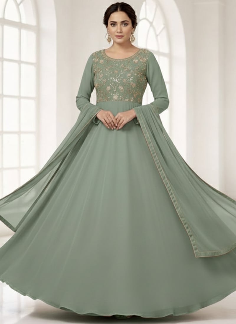 Sage Green Faux Georgette Resham Sequins Anarkali Suit Festive Wear