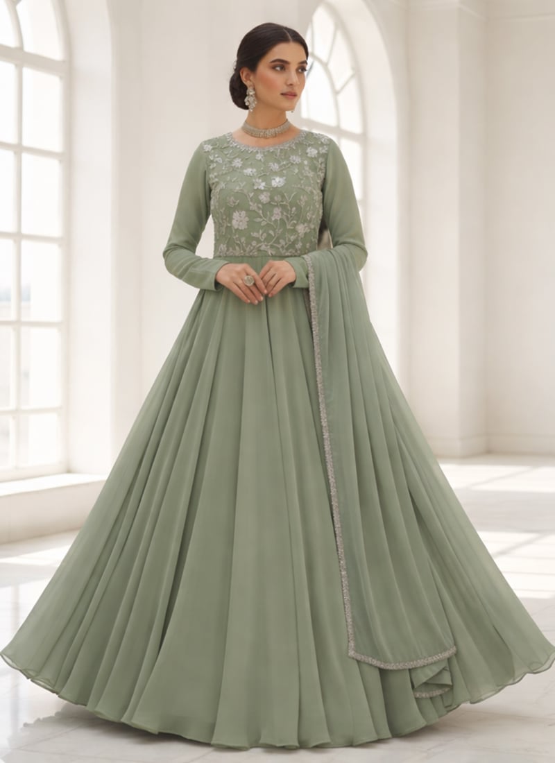 Sage Green Faux Georgette Sequins Hand Embroidered Anarkali Suit Festive Wear