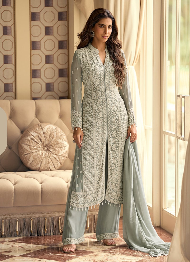 Sage Green Georgette Beaded High Slit Straight Pant Suit Festive Wear