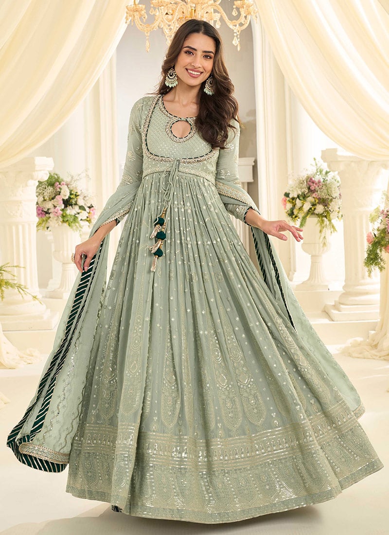 Sage Green Georgette Embroidered Sequins With Mirror Work Abaya Style Anarkali Gown Wedding Wear