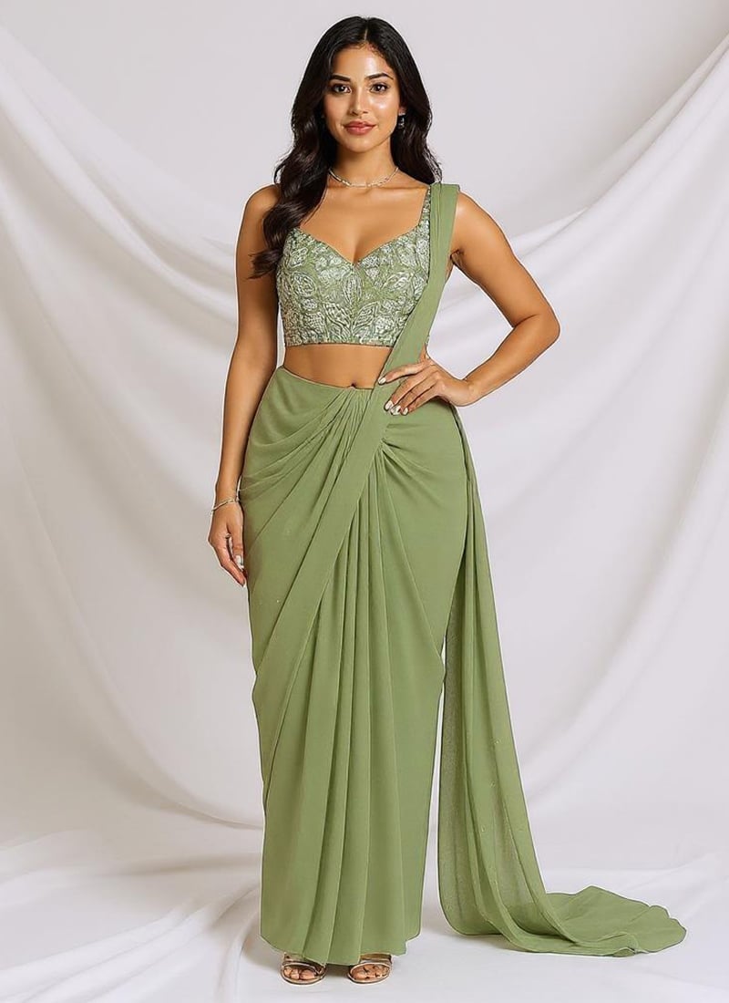 Sage Green Georgette Zari Hand Embroidered Sequins With Moti Work Pre Draped Saree