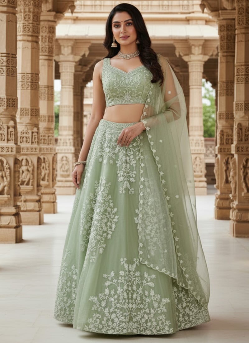 Sage Green Organza Embroidered Sequins Lehenga After Six Wear