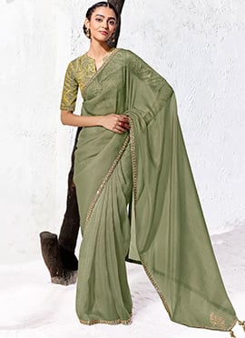 Sage Green Organza Silk Embroidered Saree with Digital Print Blouse