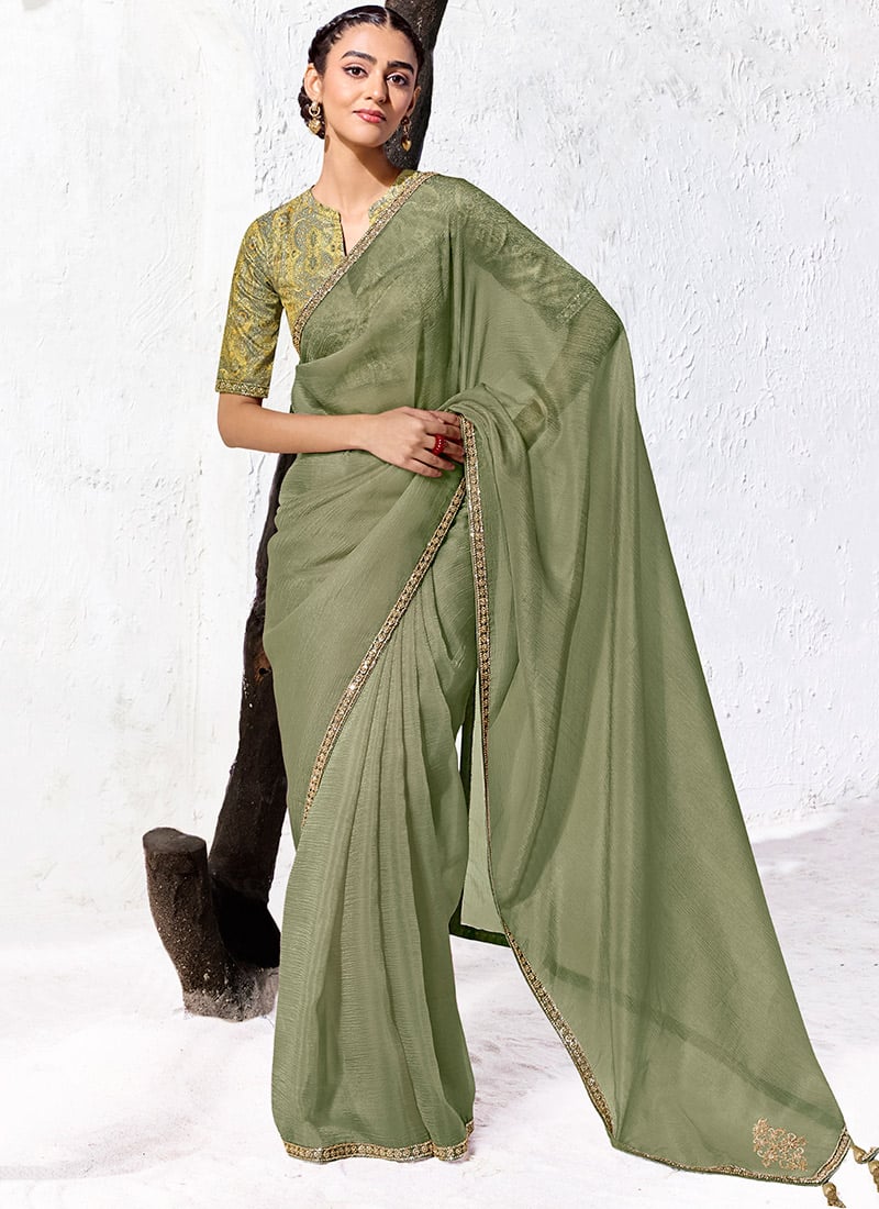 Sage Green Organza Silk Embroidered Saree with Digital Print Blouse After Six Wear