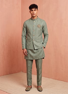 Sage Green Premium Linen Embroidered Sequins Kurta Pyjama With Jacket