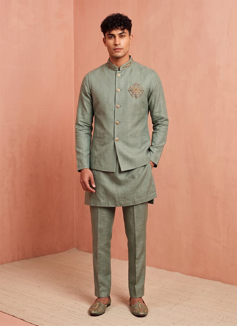 Sage Green Premium Linen Embroidered Sequins Kurta Pyjama With Jacket Wedding Wear