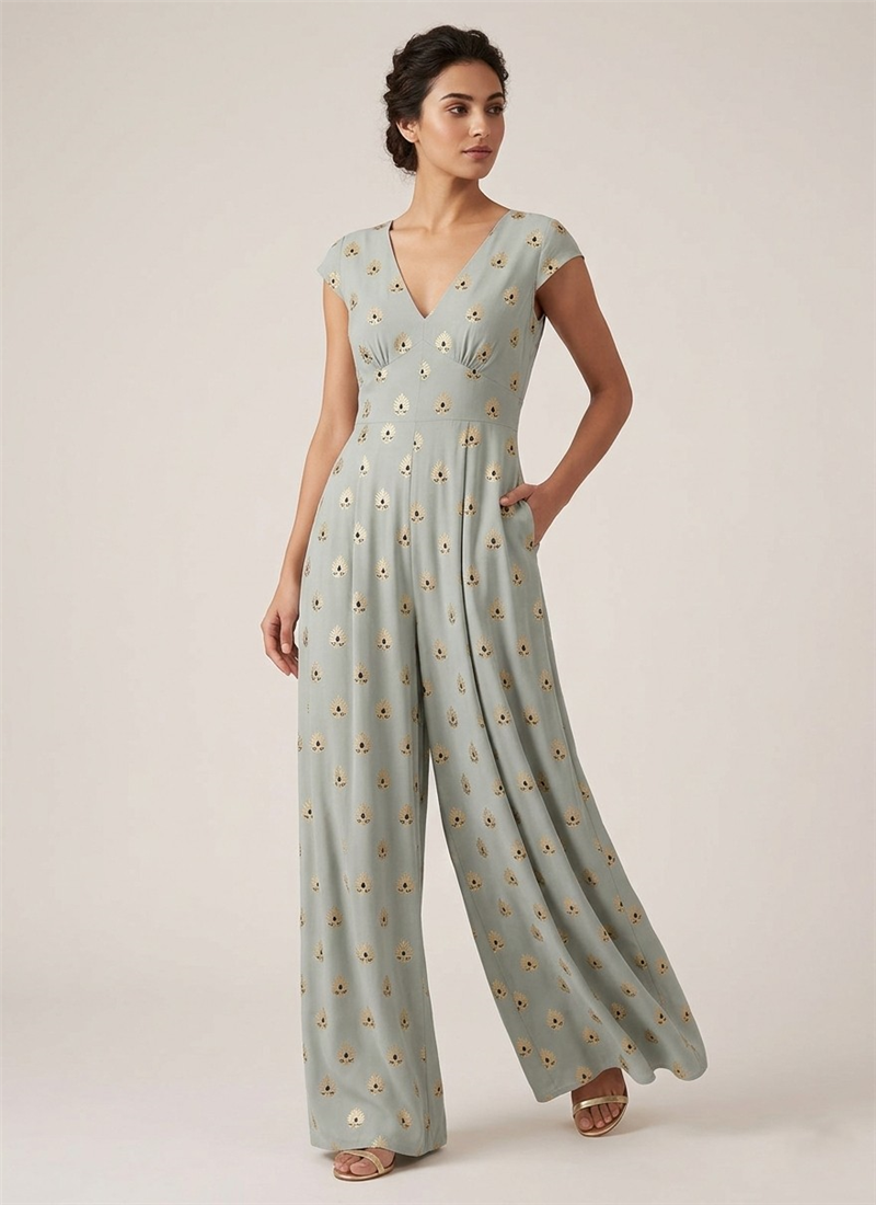 Sage Green Rayon Indo Western Jumpsuit After Six Wear
