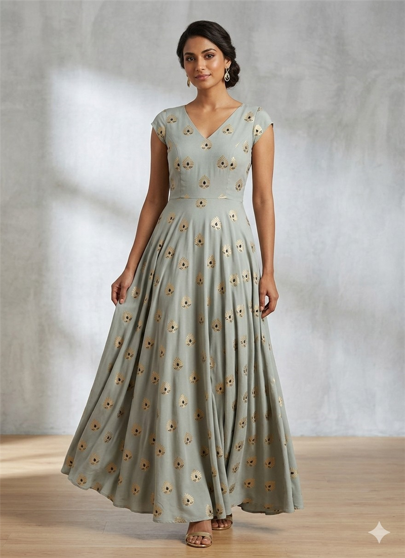 Sage Green Rayon Printed Maxi Dress After Six Wear