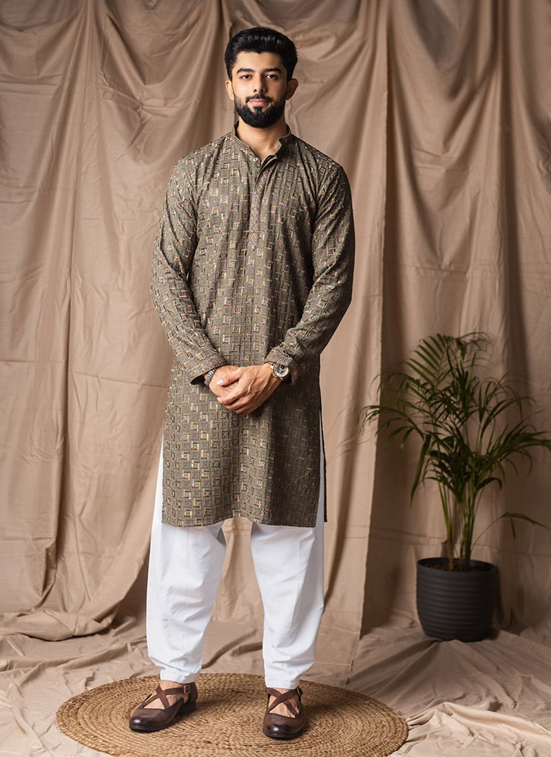 Sage Green Rayon Thread Embroidered Sequins Kurta Pyjama Festive Wear
