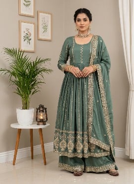 Sage Green Sequins Embroidered Crepe Palazzo Suit