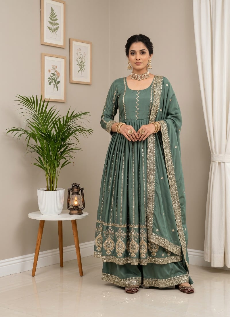 Sage Green Sequins Embroidered Crepe Palazzo Suit After Six Wear