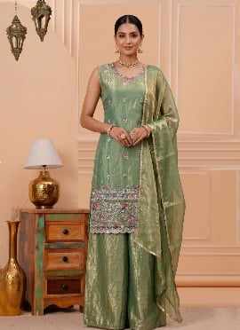 Sage Green Sequins Embroidered Silk Palazzo Suit