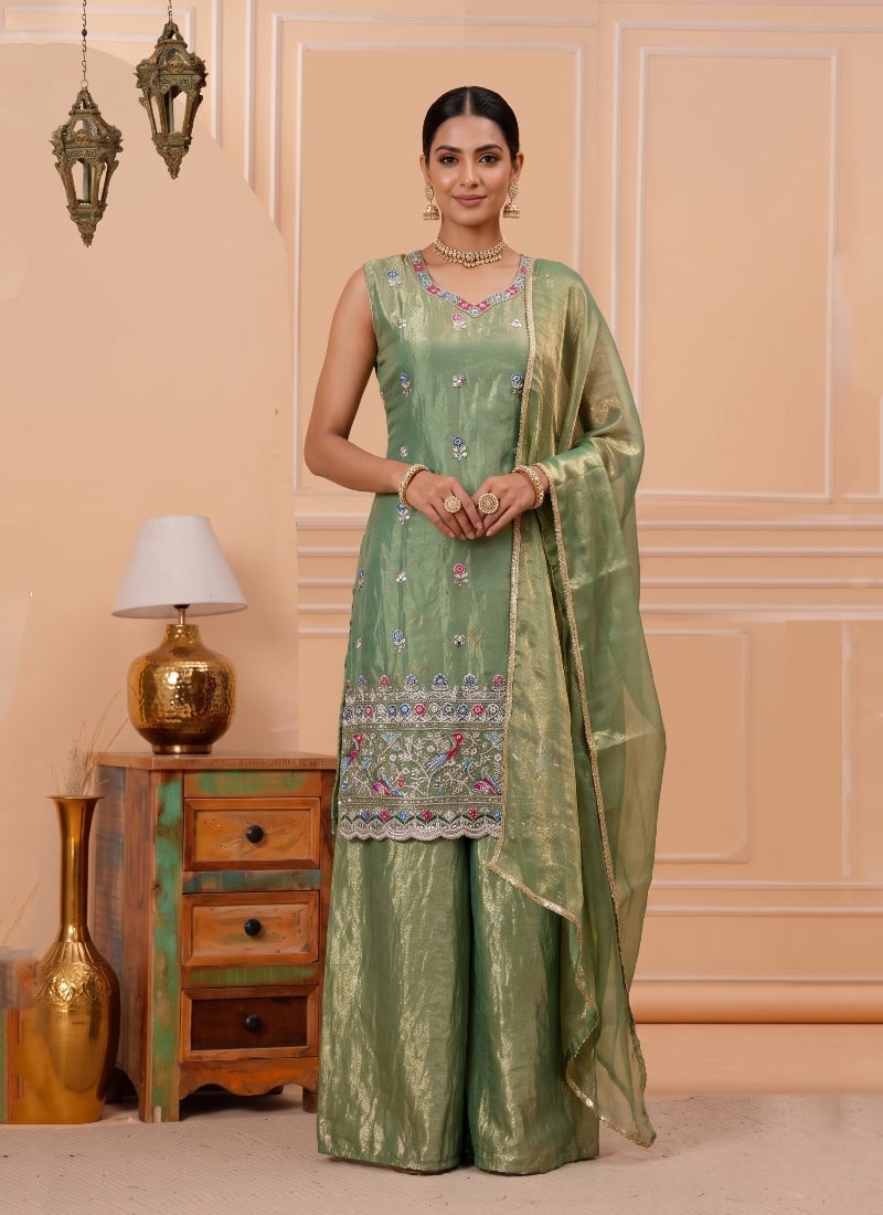 Sage Green Sequins Embroidered Silk Palazzo Suit After Six Wear