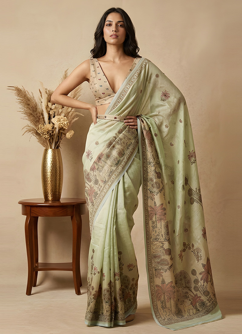 Sage Green Shimmar Printed Saree Festive Wear