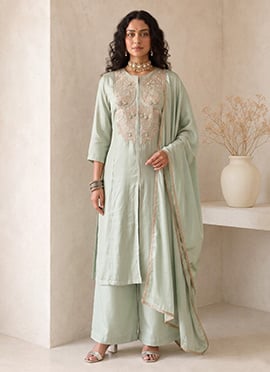 Sage Green Silk Embroidered A Line Anarkali Palazzo Suit