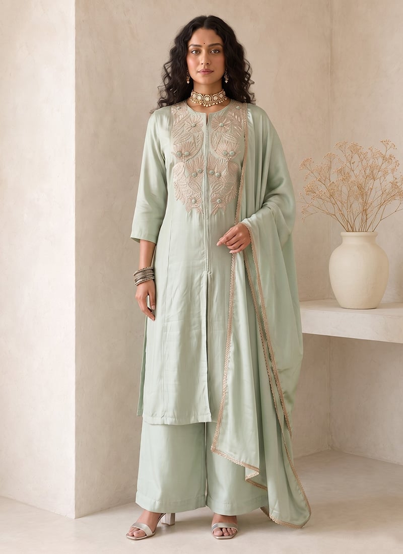 Sage Green Silk Embroidered A Line Anarkali Palazzo Suit Festive Wear