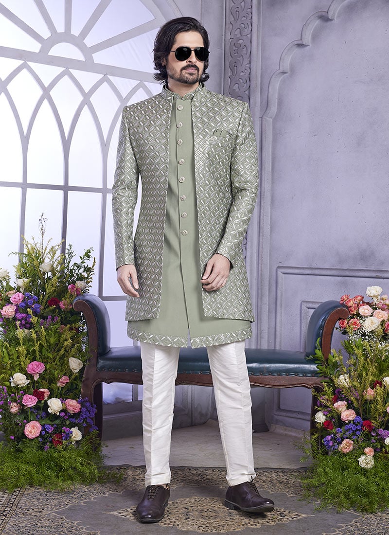 Sage Green Silk Embroidered Sequins Jacket Style Indowestern Sherwani  Wedding Wear