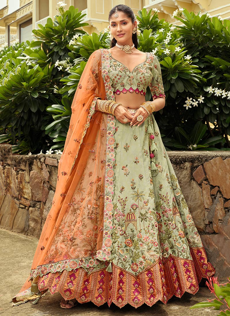 Sage Green Silk Embroidered Sequins Mirror Work Cut Work Stones Thread Umbrella Lehenga Wedding Wear