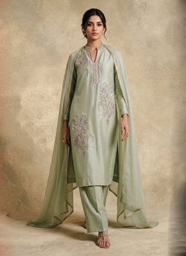 Sage Green Silk Embroidered Sequins Palazzo Suit
