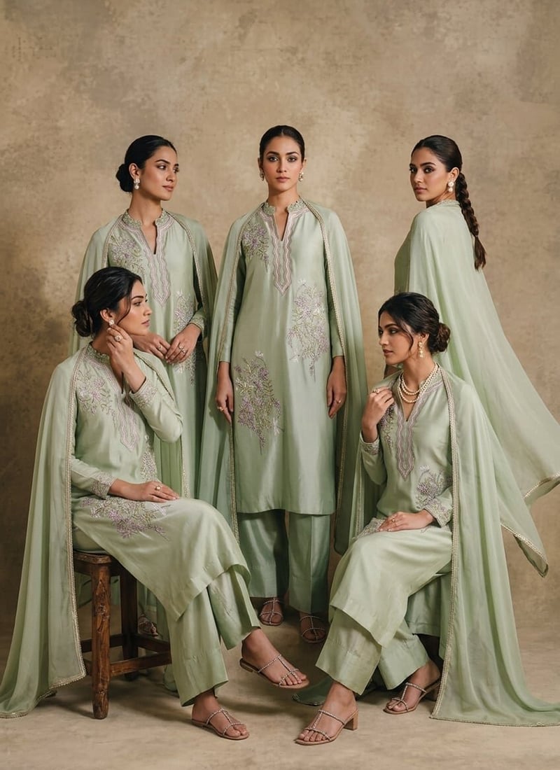 Sage Green Silk Embroidered Sequins Palazzo Suit After Six Wear