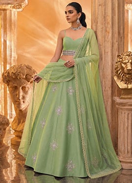 Sage Green Silk Hand Embroidered Sequins Cutdana Work Lehenga Wedding Wear