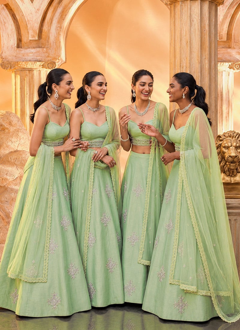 Sage Green Silk Hand Embroidered Sequins Cutdana Work Lehenga Wedding Wear