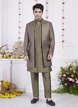 Sage Green Silk Hand Embroidered Sequins Indowestern Sherwani Wedding Wear