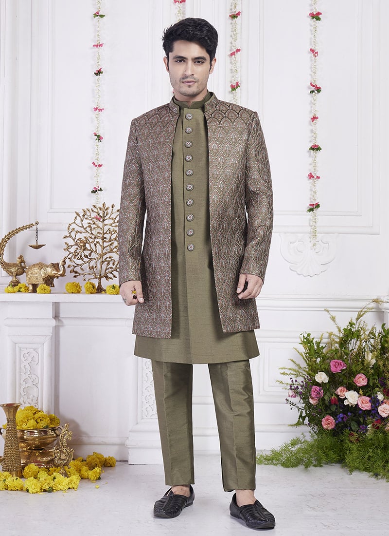 Sage Green Silk Hand Embroidered Sequins Indowestern Sherwani Wedding Wear