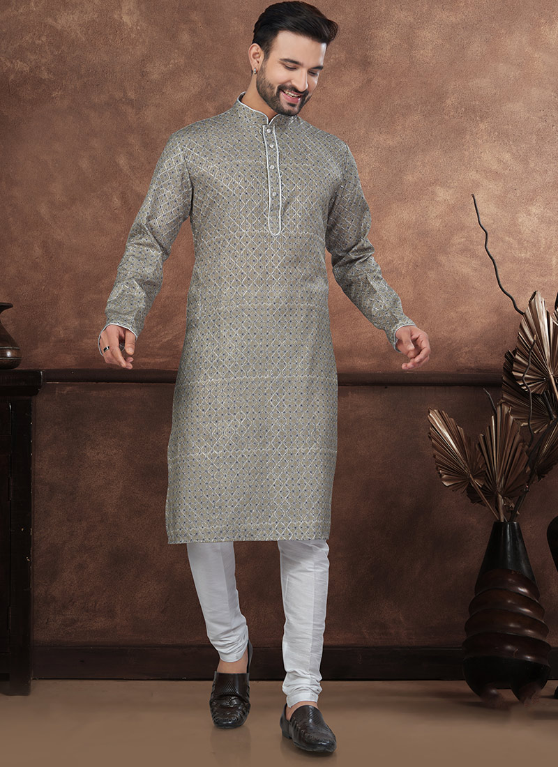 Sage Green Silk Thread Work Printed Kurta Pyjama Festive Wear