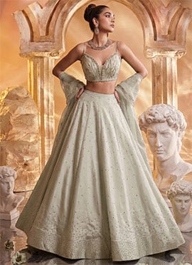 Sage Green Silk Zari Sequins With Stone Work Lehenga Wedding Wear
