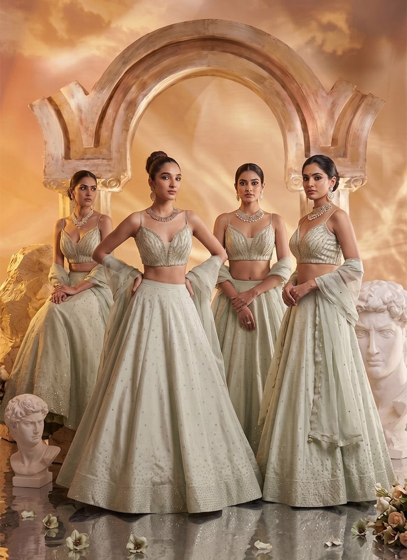 Sage Green Silk Zari Sequins With Stone Work Lehenga Wedding Wear