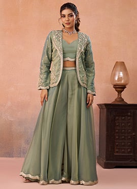 Sage Green Tissue Embroidered Sequins With Beads Work Jacket Palazzo Crop Top Set